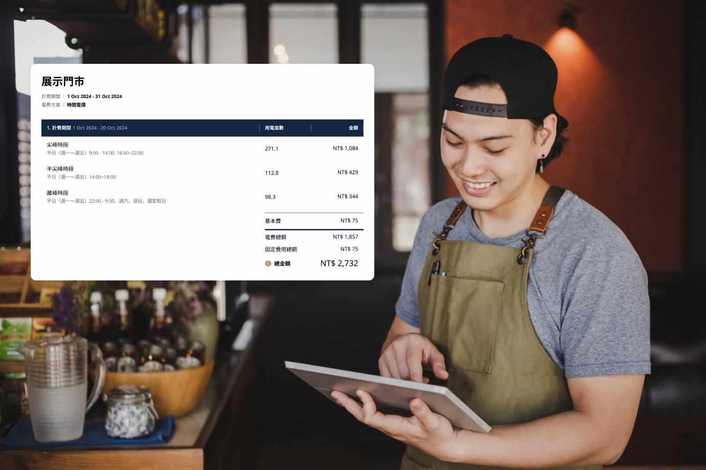 自動化電費帳單，清晰呈現用電細節： 商家每月可一目了然各時段用電量與尖峰、離峰電價，助力更精準的用電管理。（資料來源：Shutterstock、NextDrive 系統介面）