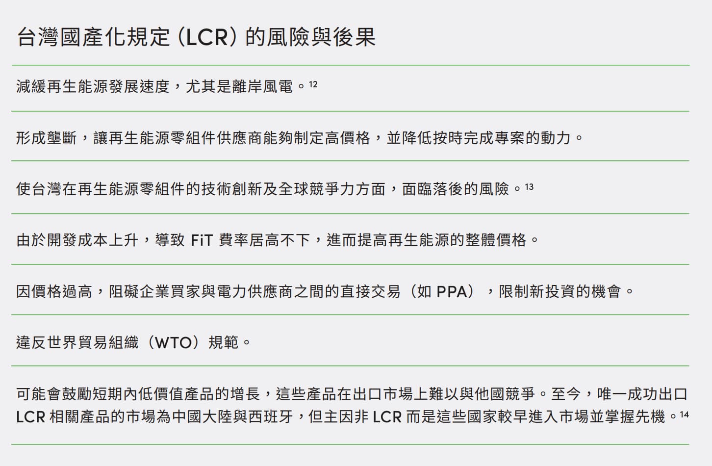 針對台灣國產化規定，RE100報告在今年報告中提醒風險與後果。（圖片來源：RE100報告）