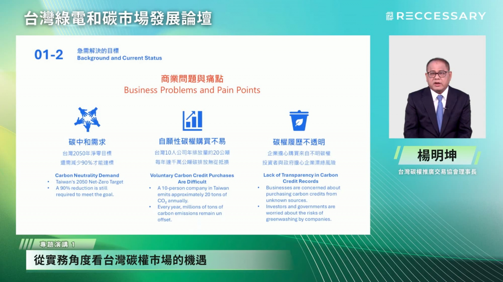 楊明坤表示，目前想參與碳市場的企業，仍面臨碳權品質不透明、購買困難及漂綠風險等問題。（圖片來源：RECCESSARY）