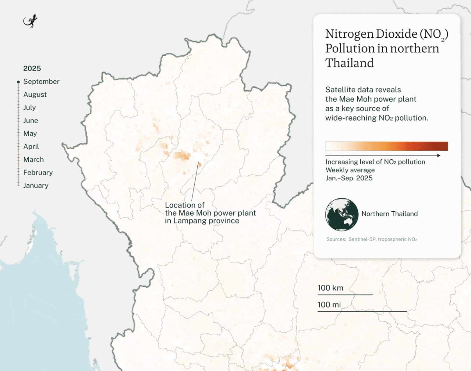 Satellite data from Sentinel-5P shows NO2 pollution across northern Thailand, with the Mae Moh power plant as a hotspot for emissions. Image by Andrés Alegría / Mongabay.