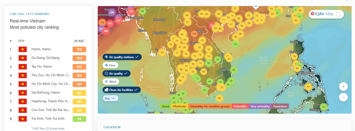 越南河內、峴港與胡志明市空污榜上有名，接近中午時分，部分地區的空氣品質指數達到100以上的橘色等級
