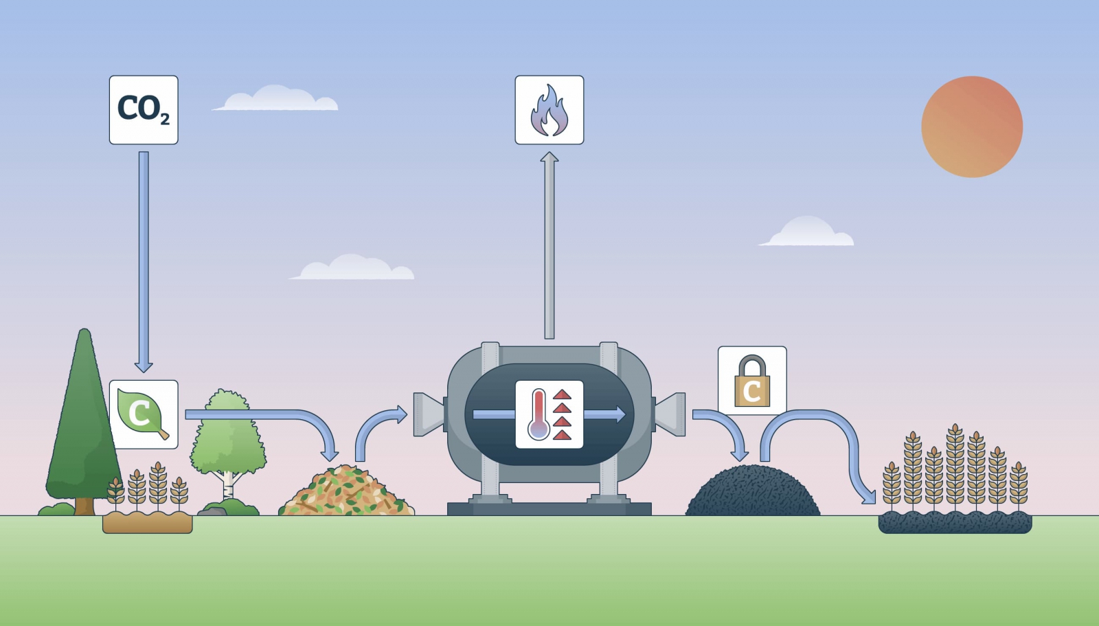 Biochar can be produced from different types of biomass, including agricultural residues such as straw or waste wood from forestry. The biomass has captured CO2 from the atmosphere, transforming it into carbon through photosynthesis. It is turned into biochar using a process called pyrolysis, which involves heating the materials at very high temperatures in the absence of oxygen. Pyrolysis can produce several useful byproducts, including syngas, which is often used to generate heat or electricity. The biochar locks the biomass carbon away in a charcoal-like substance that can remain stable for centuries. It is often added to soil, improving water and nutrient retention and promoting crop growth 