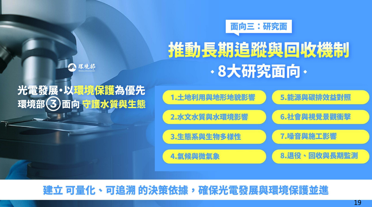 8大研究面向，推動長期追蹤與回收機制（圖片來源：環境部）