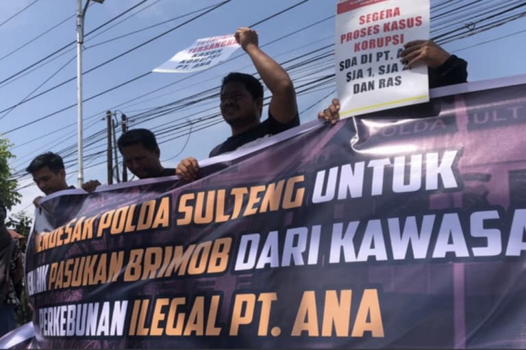 Farmers from North Morowali protest in Palu in October 2024, calling for the withdrawal of security forces in the concession of PT Agro Nusa Abadi (ANA), a member of the Astra Agro Lestari group. Image courtesy of WALHI.