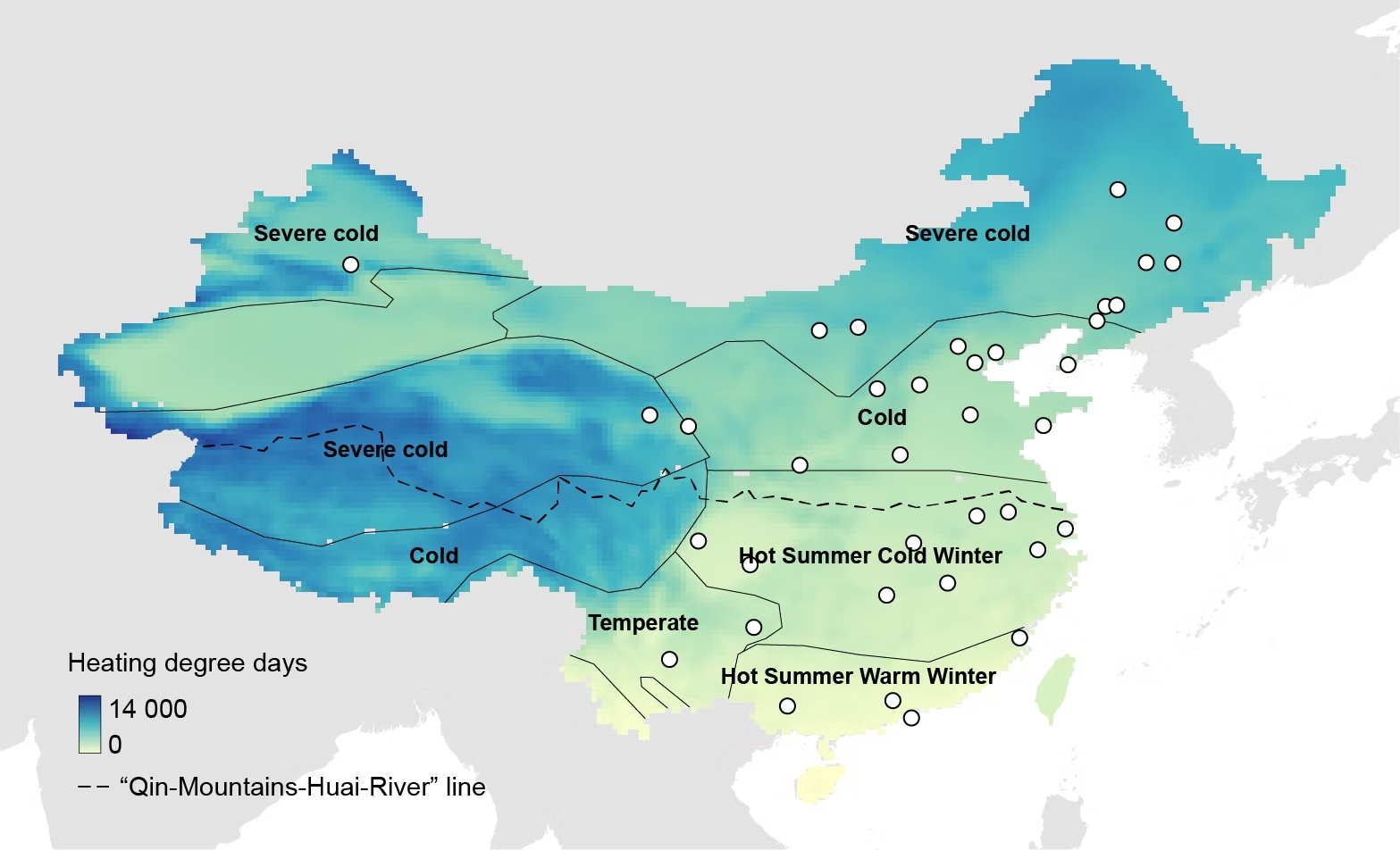 Map of Chinese climate zones, heating degree days and distribution of selected Chinese cities with more than 1m inhabitants. The designations employed and the presentation of the material on the maps in this article do not imply the expression of any opinion whatsoever on the part of Carbon Brief concerning the legal status of any country, territory, city or area or of its authorities, or concerning the delimitation of its frontiers or boundaries. 