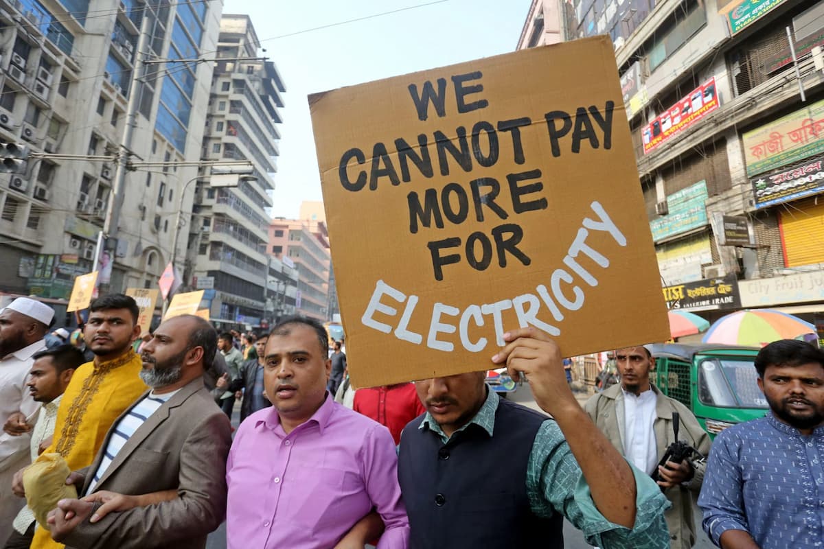 Activists protest a hike in energy prices at a demonstration in Dhaka, Bangladesh, February 2023. It is hoped a new hydropower supply agreement with Nepal and Bhutan will ease the country’s electricity shortfalls 