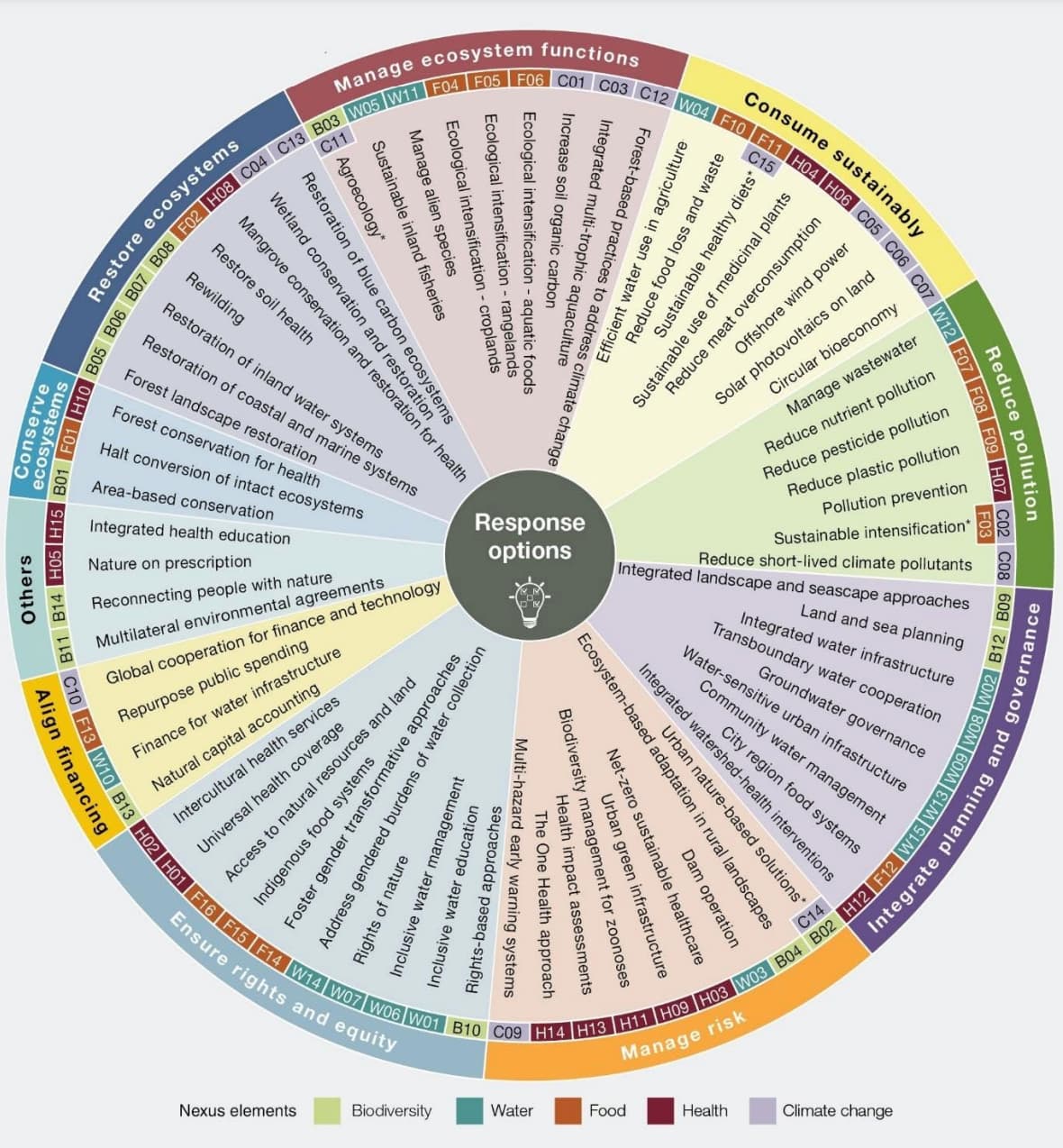 A list of 71 “response options” for addressing at least one element of the nexus between biodiversity, water, food, health and climate change. Options are grouped into 10 categories. Credit: IPBES (2024) SPM.7.