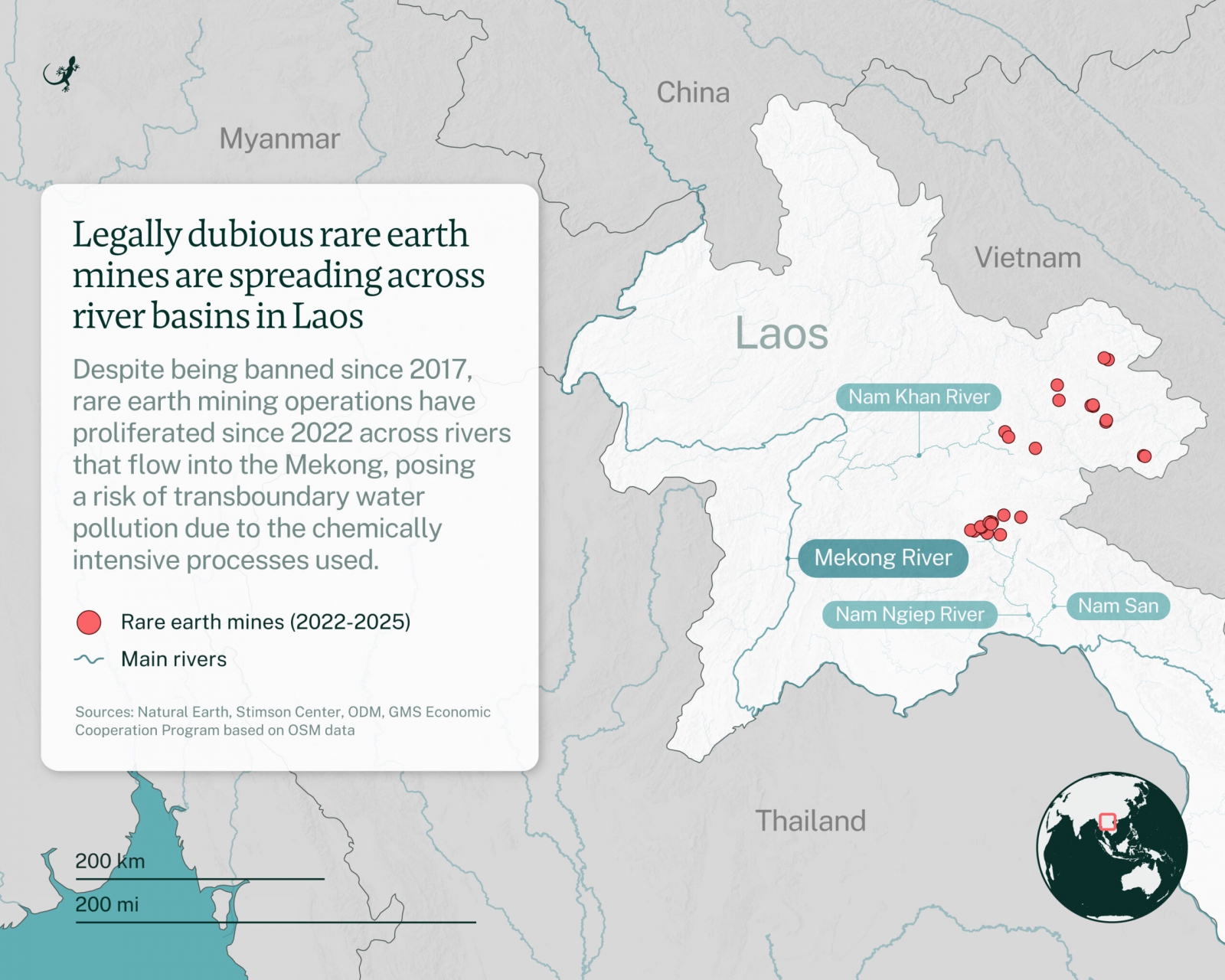 Satellite analysis by the Stimson Center identified 27 rare earth mines across Laos, where the chemically intensive process threatens tributaries to the Mekong River. Image by Emilie Languedoc / Mongabay.