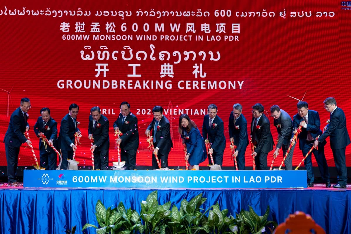 The April 2023 groundbreaking ceremony for the Monsoon Wind Power project in Vientiane, Laos (Image: Kaikeo Saiyasane / Xinhua / Alamy)