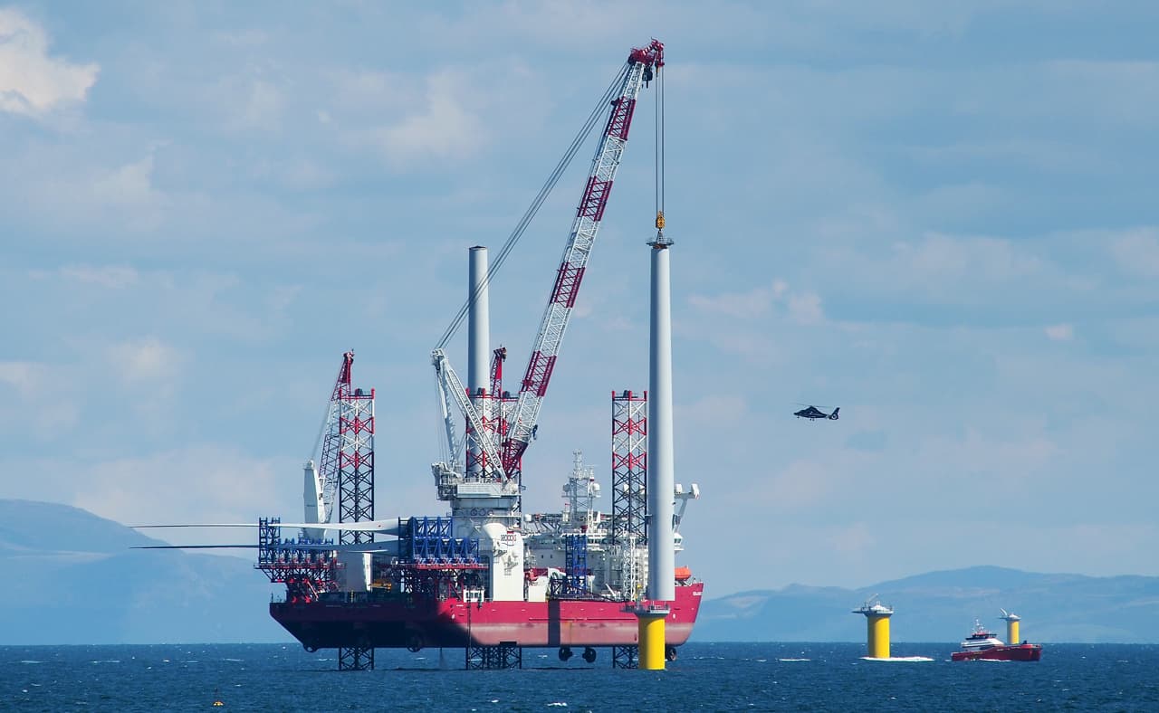 Offshore wind turbine installation at the Walney Offshore Wind Farm in the UK.