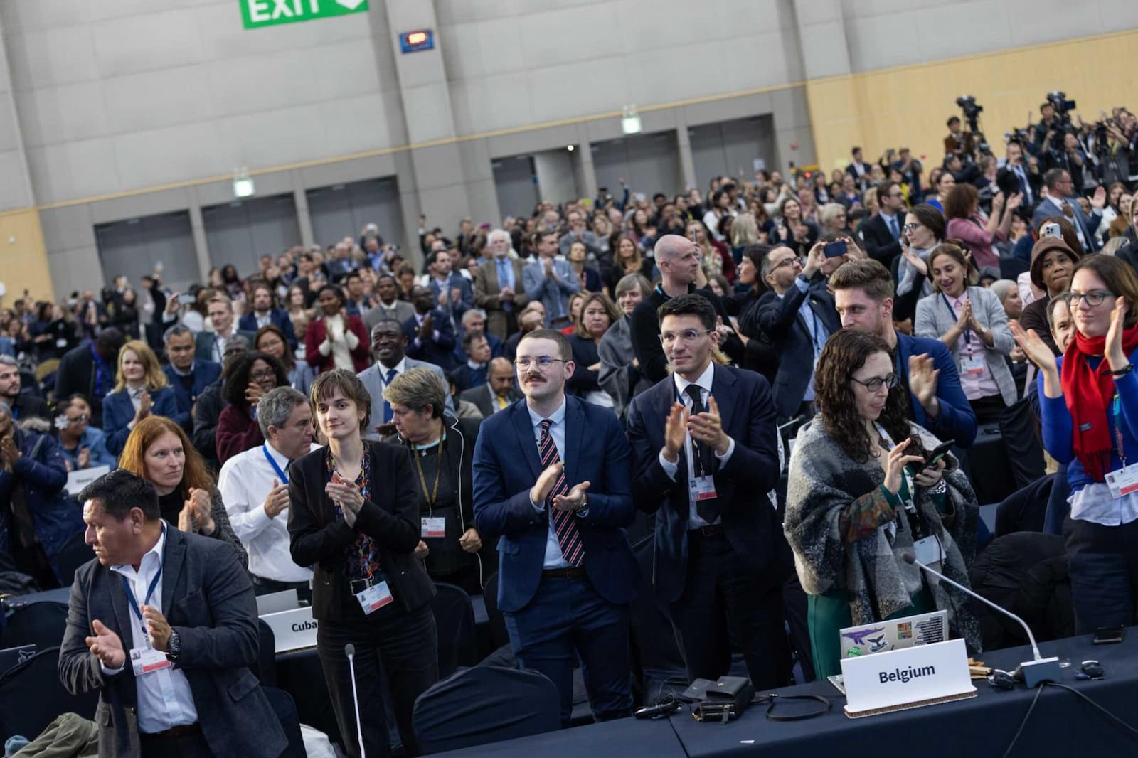Countries supporting a legally binding treaty with a cap on plastic production, ban of toxic chemicals, and a voting mechanism stand up to applaud the 2024 plenary at INC-5.1 in Busan, South Korea, after the Rwanda delegate and co-chair of the High Ambition Coalition to End Plastic Pollution made her final speech. Image courtesy of IISD/ENB/Kiara Worth.
