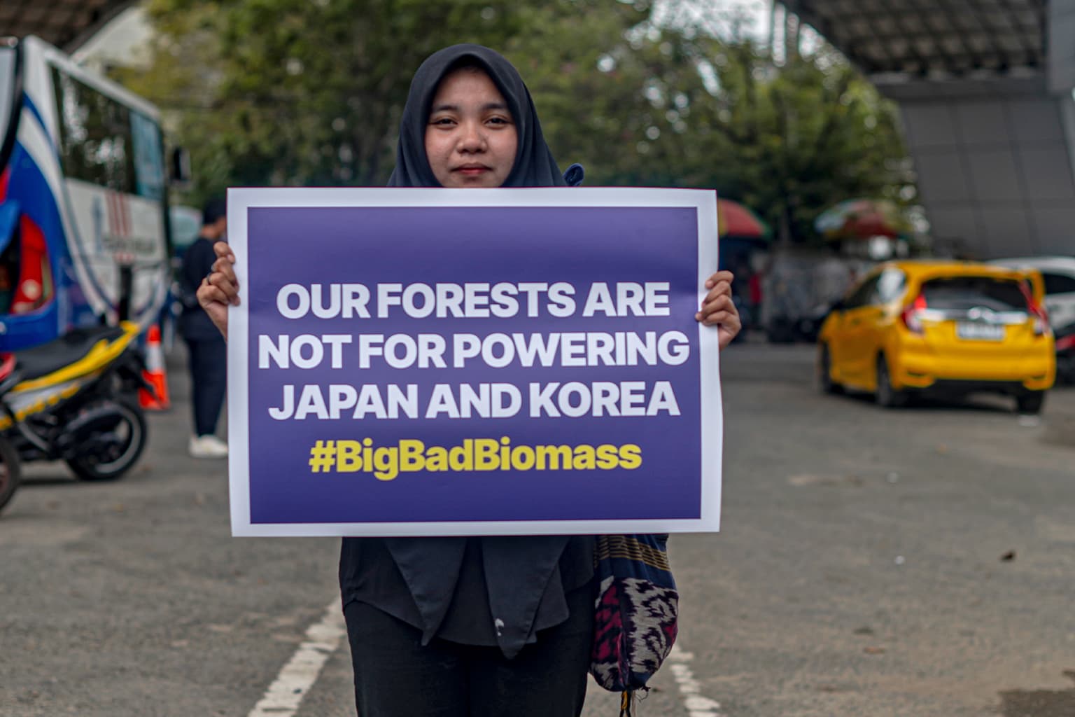 An Indonesian activist protests against the export of wood taken from Indonesian tropical forests to be burned for energy in Japan and South Korea. Image courtesy of Trend Asia and the Environmental Paper Network.