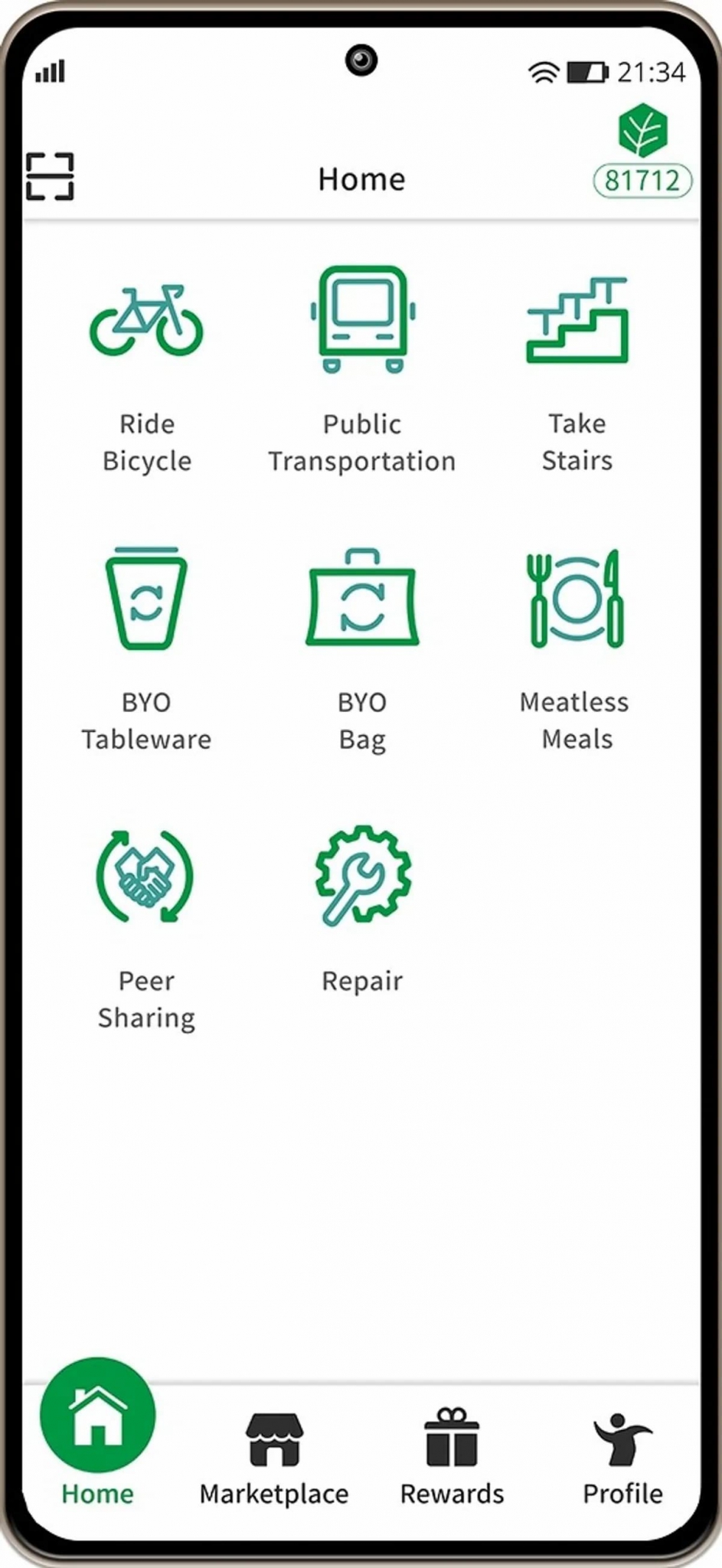 The App offers six options: Riding a Bicycle, Using Public Transportation, Taking Stairs, Bringing Your Own Tableware, Bringing Your Own Bag, and Opting for Meatless Meals.