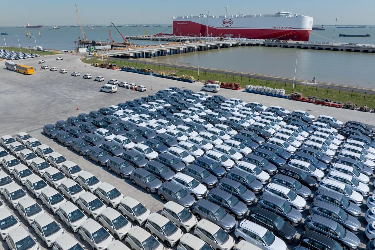Electric vehicles from Chinese manufacturer BYD are loaded onto the world’s largest car carrier, BYD Shenzhen, in Suzhou last month, bound for Brazil on its maiden voyage (Image: CFOTO / Sipa USA /Alamy)